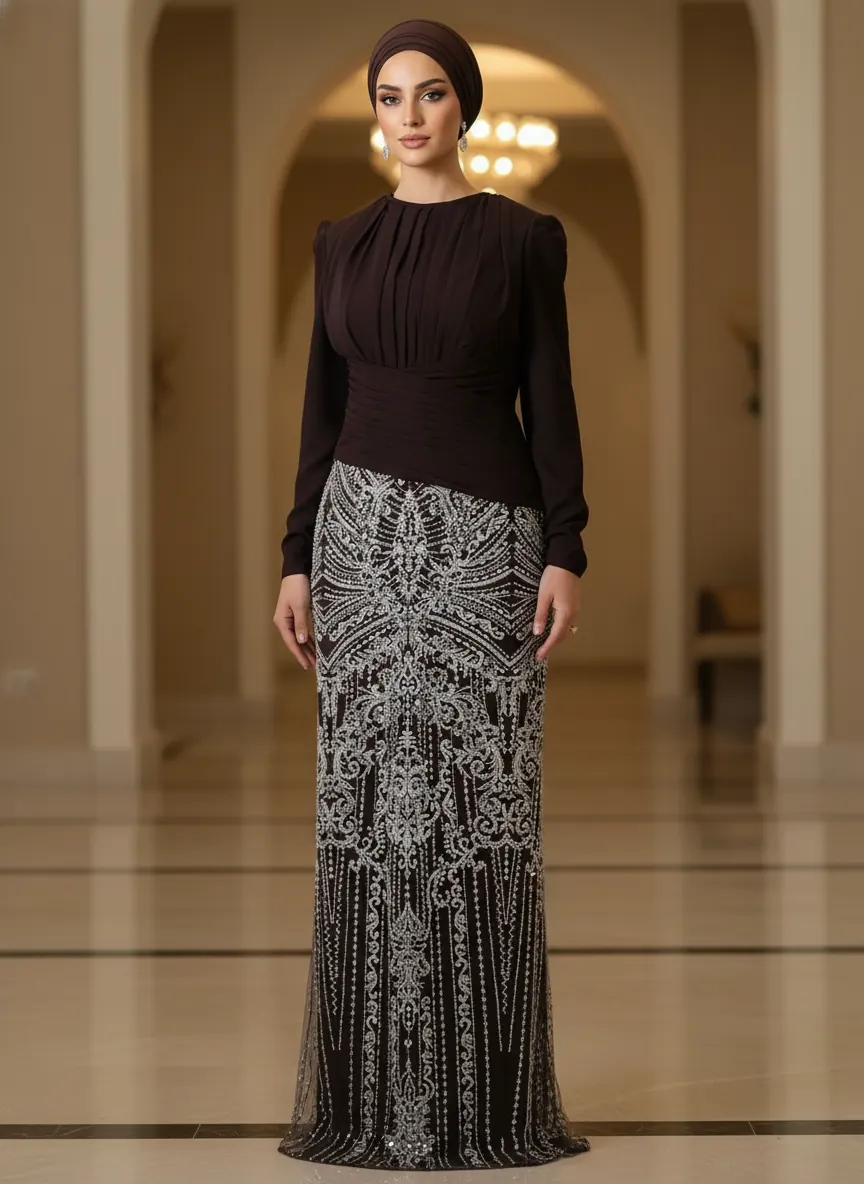 Elegant hijab evening dress available for rent and sale from Mohamed Nada